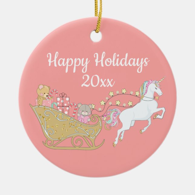 Pink Happy Holidays Unicorn Santa's Sleigh Ceramic Tree Decoration (Front)