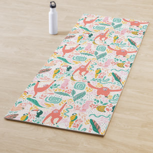 Pink Happy Jungle Animal Pattern & Tropical Leaves Yoga Mat