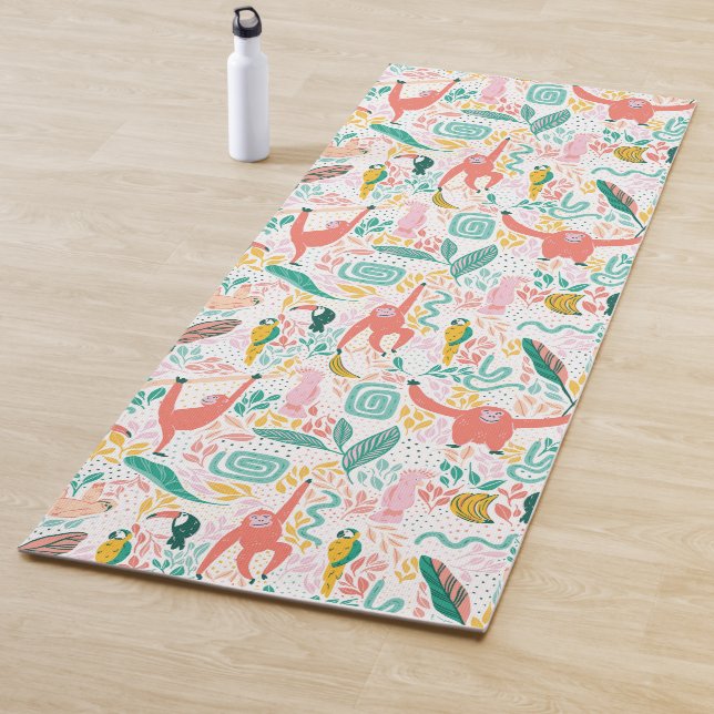 Pink Happy Jungle Animal Pattern & Tropical Leaves Yoga Mat (In Situ)