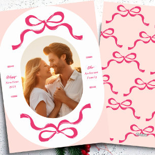 Pink Happy New Year RIBBONS 2026 Photo Holiday Card