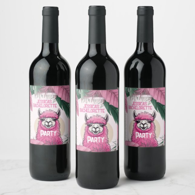 Pink Happy Smiling Lama Bachelorette Wine Label (Bottles)