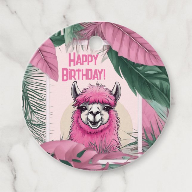 Pink Happy Smiling Lama Favour Tags (Front)