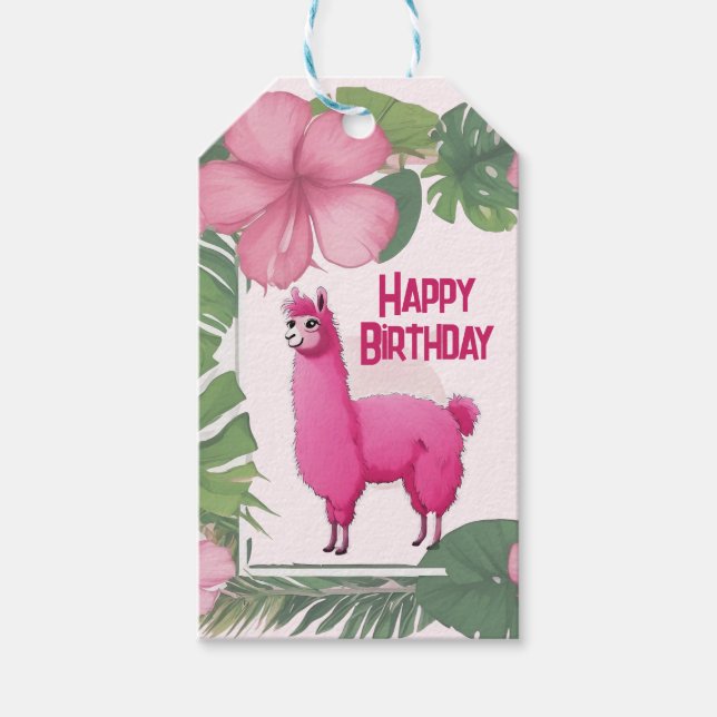 Pink Happy Smiling Lama Gift Tags (Front)