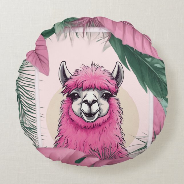 Pink Happy Smiling Lama Round Cushion (Front)