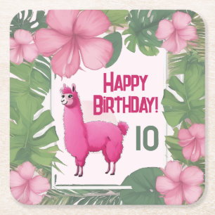 Pink Happy Smiling Lama Square Paper Coaster