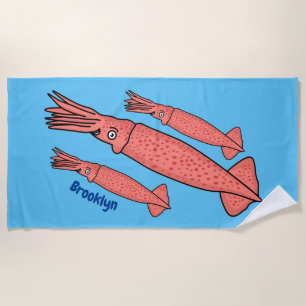 Pink happy squid cartoon illustration beach towel