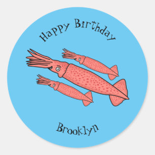 Pink happy squid cartoon illustration  classic round sticker