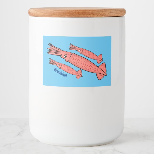 Pink happy squid cartoon illustration food label (Front)