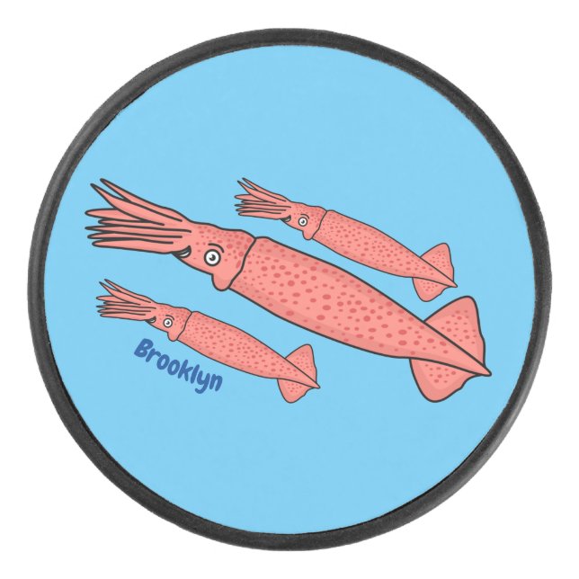 Pink happy squid cartoon illustration hockey puck (Front)