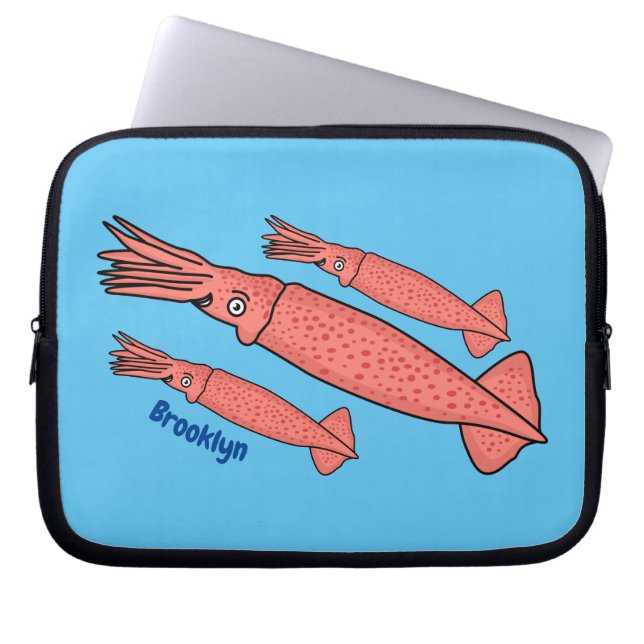 Pink happy squid cartoon illustration laptop sleeve (Front)