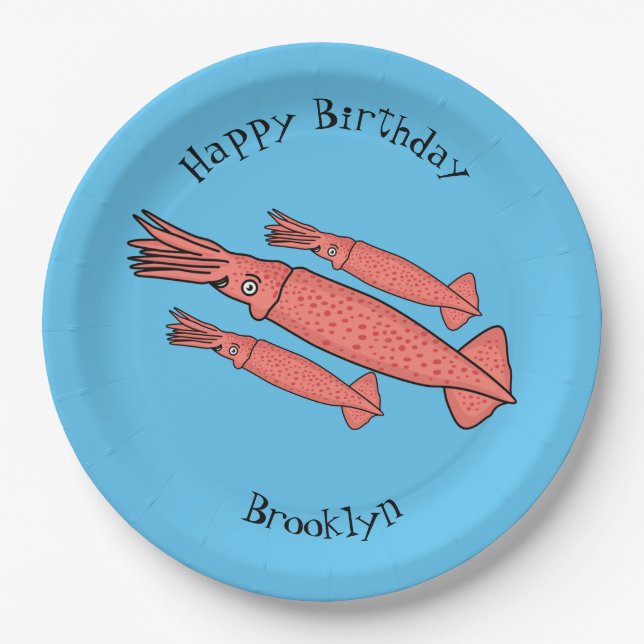 Pink happy squid cartoon illustration paper plate (Front)