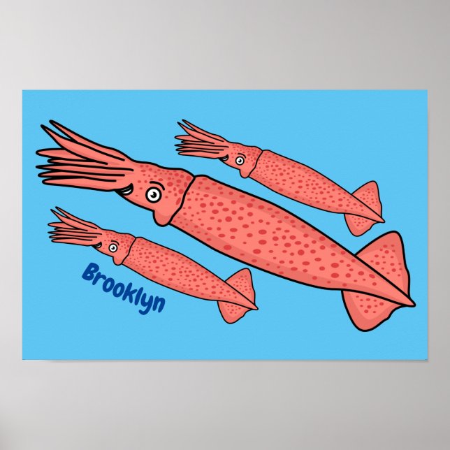 Pink happy squid cartoon illustration poster (Front)