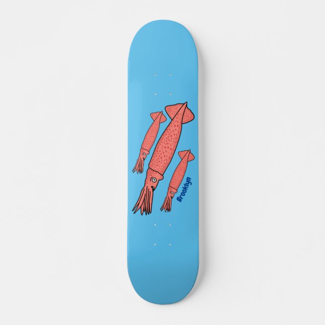 Pink happy squid cartoon illustration skateboard (Front)