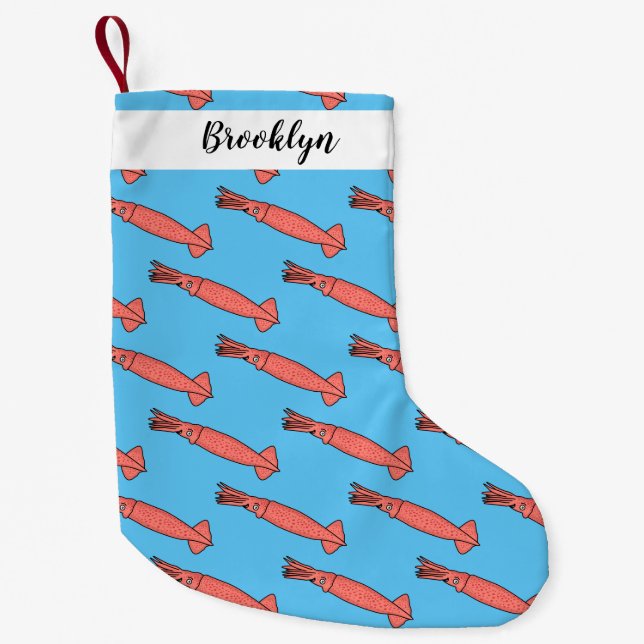 Pink happy squid cartoon illustration small christmas stocking (Front)