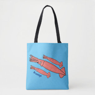 Pink happy squid cartoon illustration tote bag