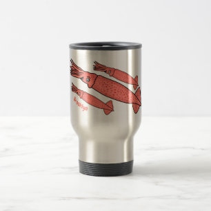 Pink happy squid cartoon illustration travel mug