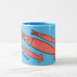 Pink happy squid cartoon illustration Two-Tone coffee mug