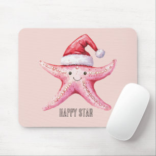 Pink Happy Starfish Santa Hat Mouse Mat