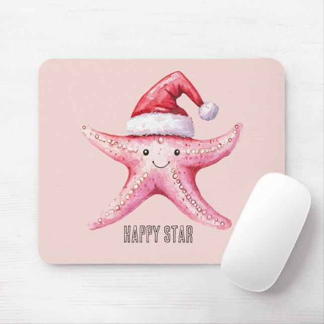 Pink Happy Starfish Santa Hat Mouse Mat (With Mouse)
