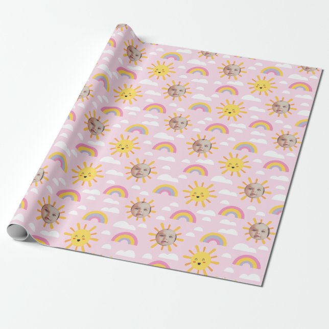 Pink Happy Sun and Sky Custom Photo Wrapping Paper (Unrolled)