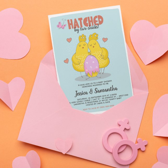 Pink Hatched By Two Chicks Lesbian Baby Shower Invitation (This “egg-cellent” invitation will set the perfect mood for your baby shower celebration.)
