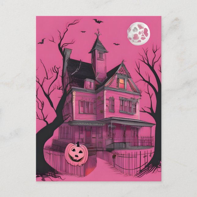 Pink Haunted Halloween House Postcard (Front)