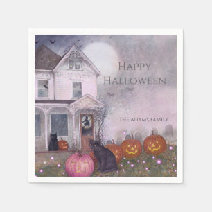 Pink Haunted House Black Cat Custom Halloween Napkin