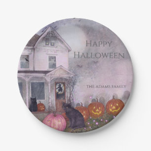 Pink Haunted House Black Cat Custom Halloween Paper Plate