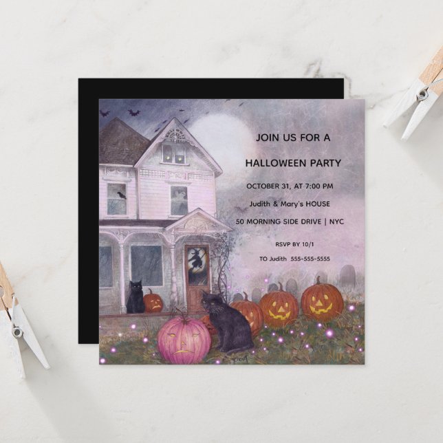 Pink Haunted House Black Cat Halloween Party  Invitation (Front/Back In Situ)