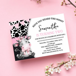 Pink Have You Heard the Moos 2nd Birthday Cow Invitation