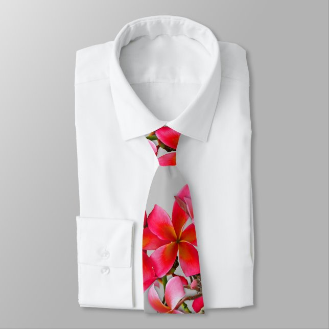 Pink Hawaiian Plumeria Tropical Flowers on Grey Tie (Tied)