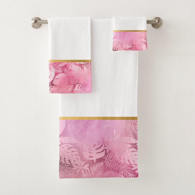 PINK HAWAIIAN TROPICAL GOLD BATHROOM TOWEL SET (Insitu)