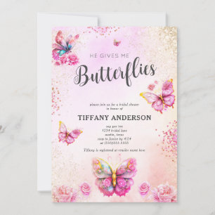 Pink He Gives Me Butterflies Bridal Shower Invitation