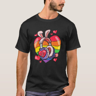 Pink Headset With Bunny Ears - Rainbow Heart LGBTQ T-Shirt