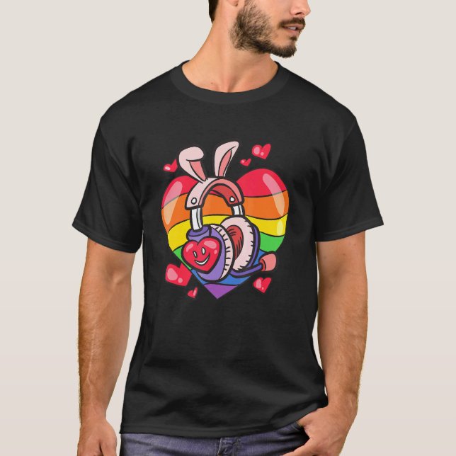 Pink Headset With Bunny Ears - Rainbow Heart LGBTQ T-Shirt (Front)