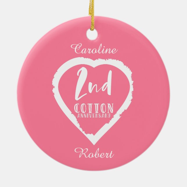 Pink Heart 2nd Cotton Wedding Anniversary Ceramic Tree Decoration (Back)