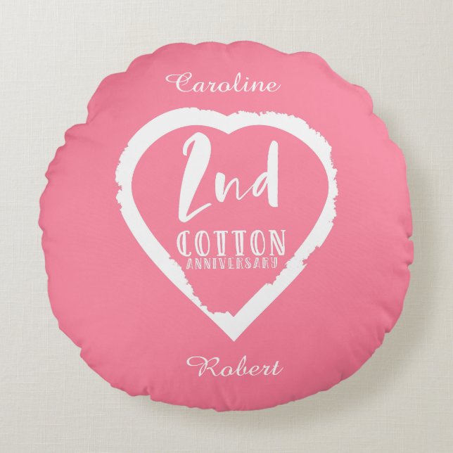 Pink Heart 2nd Cotton Wedding Anniversary Round Cushion (Front)