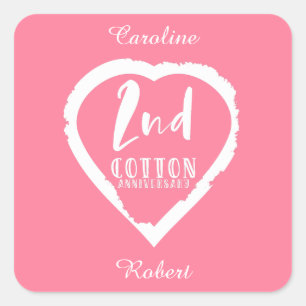 Pink Heart 2nd Cotton Wedding Anniversary Square Sticker