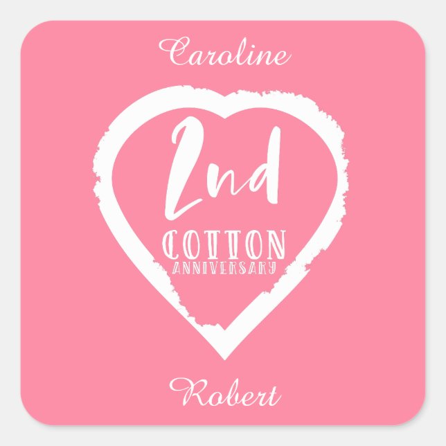 Pink Heart 2nd Cotton Wedding Anniversary Square Sticker (Front)