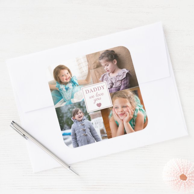  Pink Heart 4 Kids Photo Collage Square Sticker (Envelope)