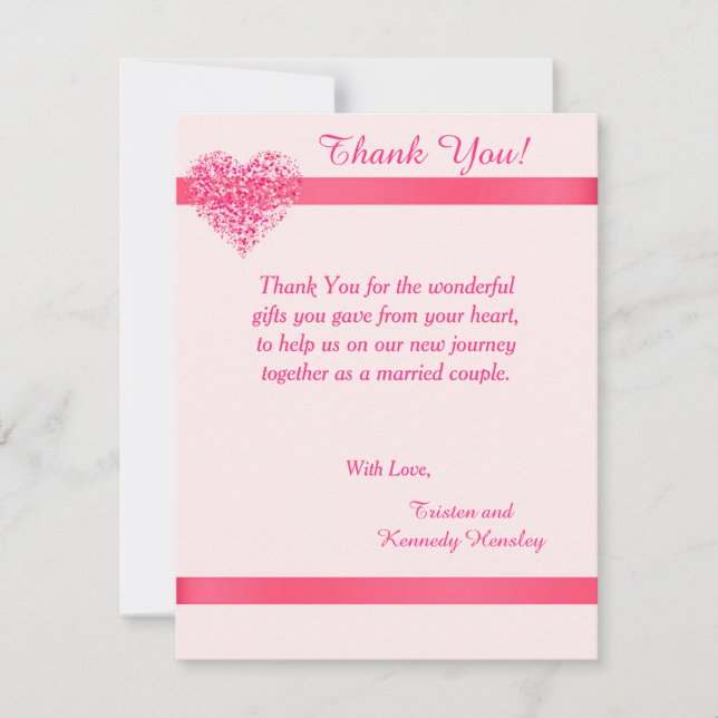 Pink Heart 4x5 Flat Wedding Thank You Card (Front)