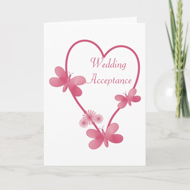 Pink Heart And Butterflies Wedding Acceptance Thank You Card (Front)