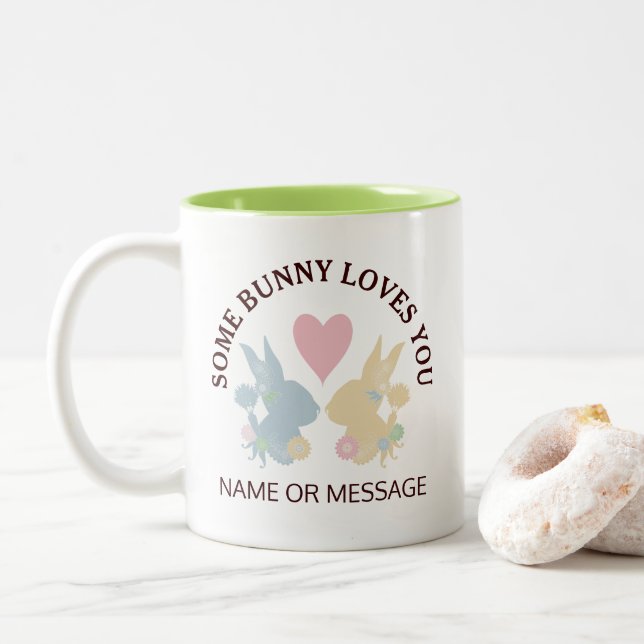 Pink Heart and Colourful Pastel Easter Bunny Two-Tone Coffee Mug (With Donut)