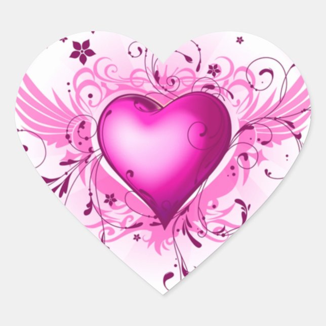 Pink Heart and Delicate Swirls and Flowers Heart Sticker (Front)