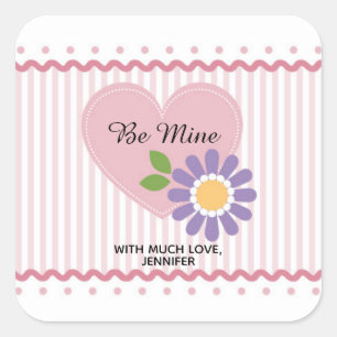 Pink Heart and Flower Valentine Square Sticker