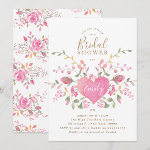 Pink Heart and Flowers Bridal Shower Invitation