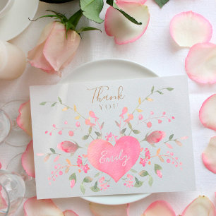 Pink Heart and Flowers Bridal Shower Thank You Card
