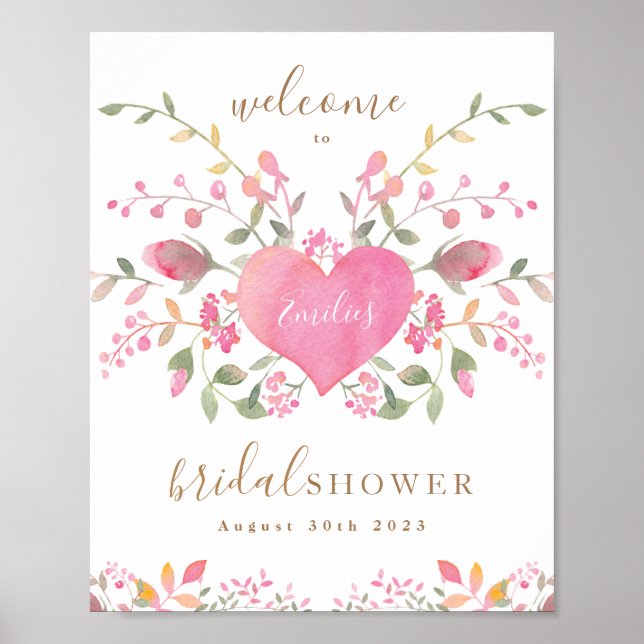 Pink Heart and Flowers Bridal Shower Welcome Poster (Front)