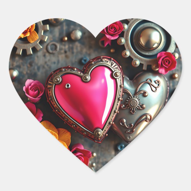 Pink Heart and Metal Gears Steampunk Heart Sticker (Front)