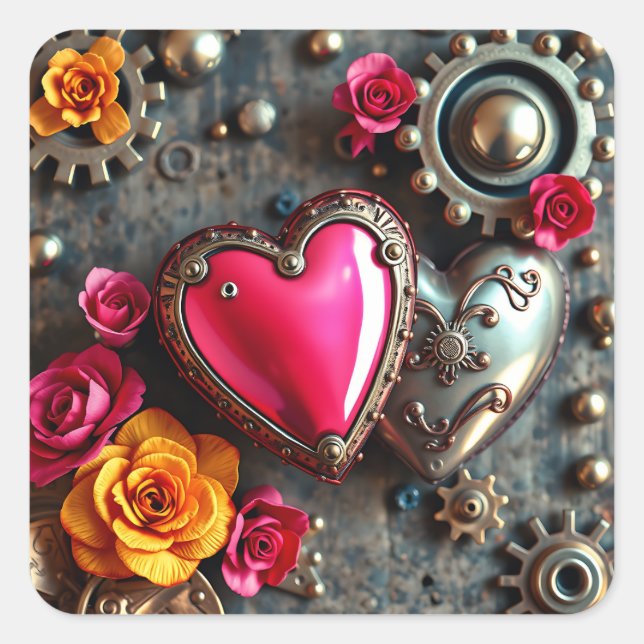 Pink Heart and Metal Gears Steampunk Square Sticker (Front)